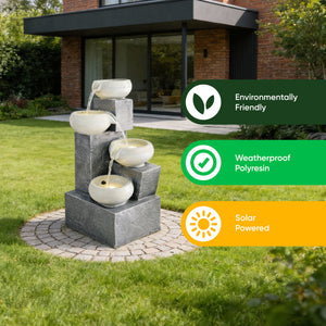 Solar Water Feature – 4 Tier Tabletop Fountain with LED Lights & Battery Backup