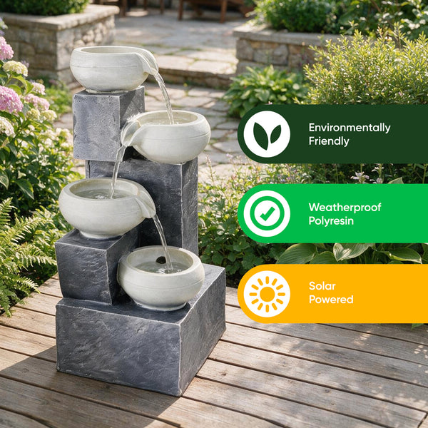 Solar Water Feature – 4 Tier Tabletop Fountain with LED Lights & Battery Backup