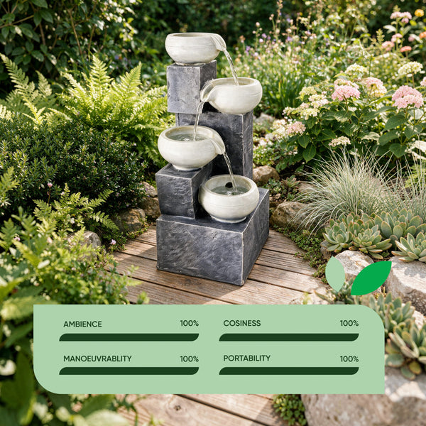 Solar Water Feature – 4 Tier Tabletop Fountain with LED Lights & Battery Backup