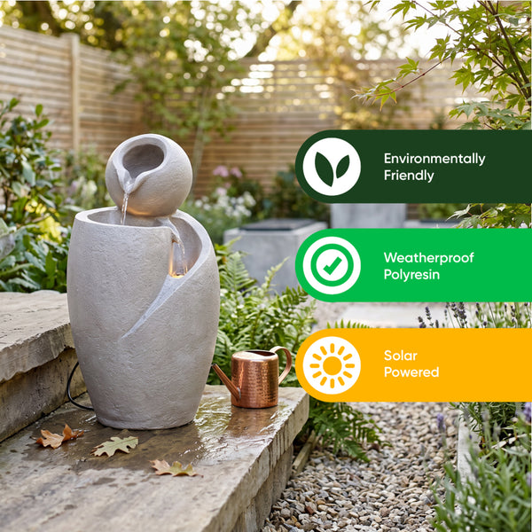 Grey Ball Swirl Solar Water Feature with Battery Backup