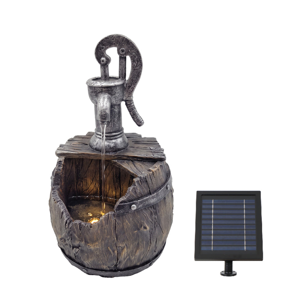 Broken Barrel Solar Water Feature with Hand Pump and Battery Backup