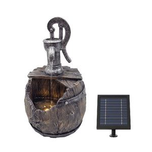 Broken Barrel Solar Water Feature with Hand Pump and Battery Backup