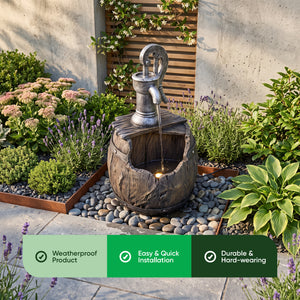 Broken Barrel Solar Water Feature with Hand Pump and Battery Backup