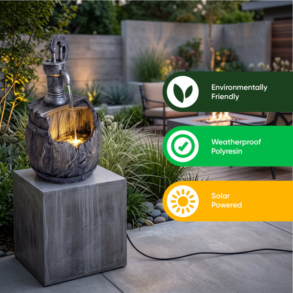 Broken Barrel Solar Water Feature with Hand Pump and Battery Backup