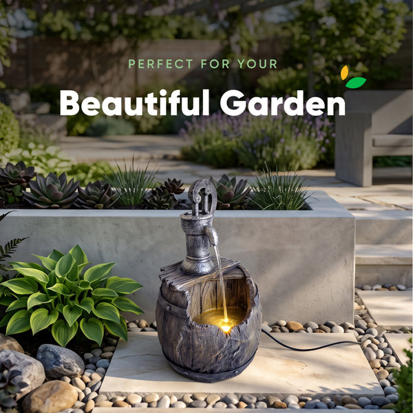 Broken Barrel Solar Water Feature with Hand Pump and Battery Backup
