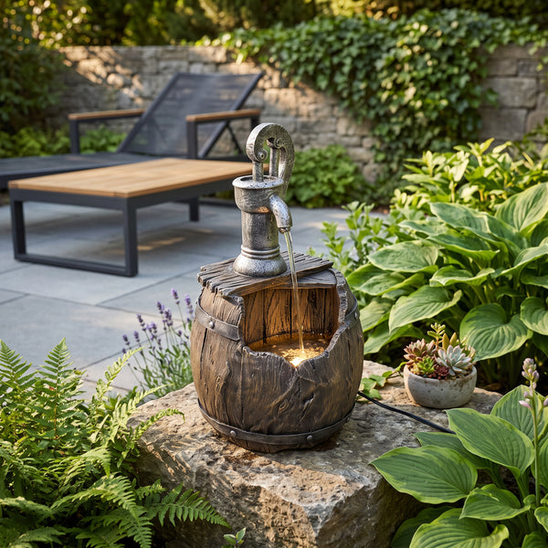 Broken Barrel Solar Water Feature with Hand Pump and Battery Backup