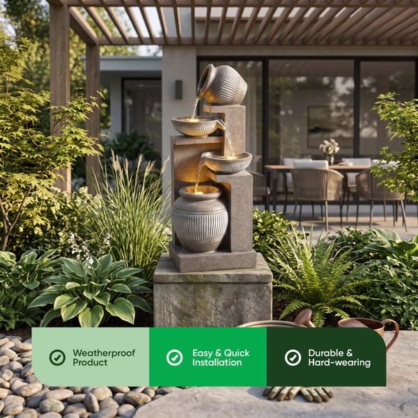 Sandstone Cascade Solar Water Feature with LED Lights and Battery Backup