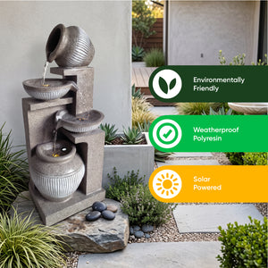 Sandstone Cascade Solar Water Feature with LED Lights and Battery Backup