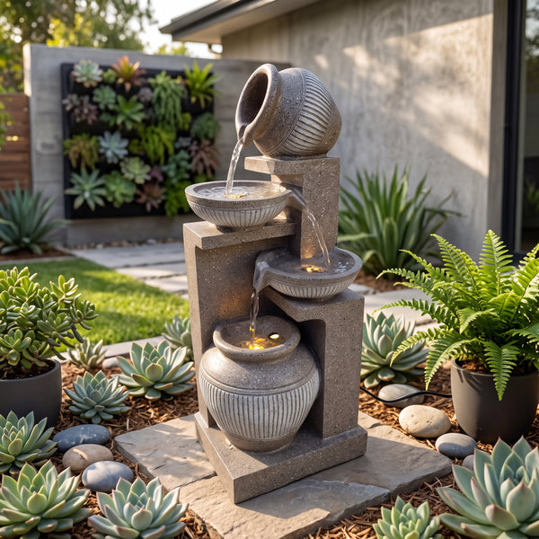 Sandstone Cascade Solar Water Feature with LED Lights and Battery Backup