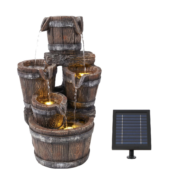 Cascading Wooden Buckets Solar Water Feature with LED Lights and Battery Backup