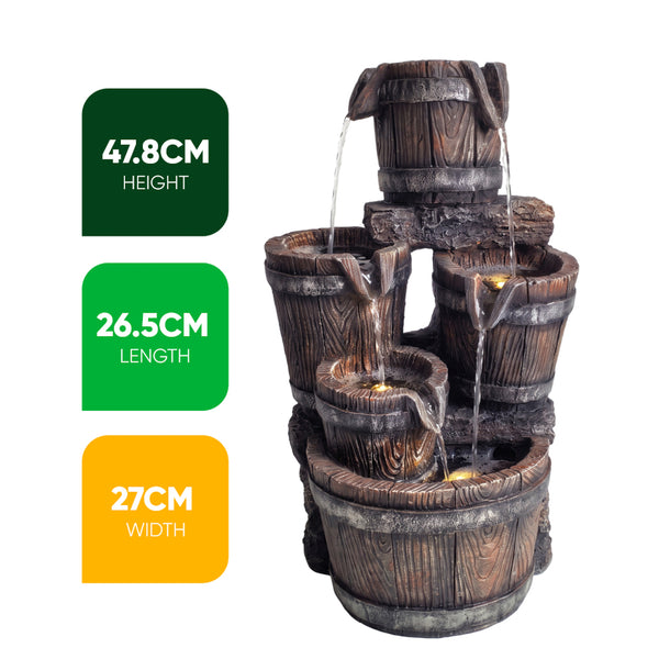 Cascading Wooden Buckets Solar Water Feature with LED Lights and Battery Backup