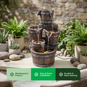 Cascading Wooden Buckets Solar Water Feature with LED Lights and Battery Backup