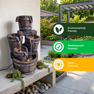 Cascading Wooden Buckets Solar Water Feature with LED Lights and Battery Backup