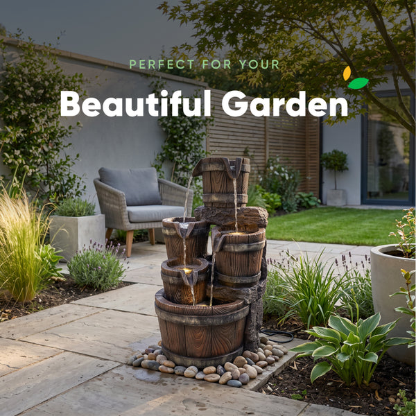 Cascading Wooden Buckets Solar Water Feature with LED Lights and Battery Backup