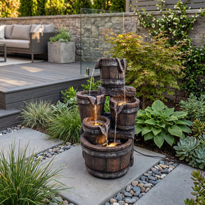 Cascading Wooden Buckets Solar Water Feature with LED Lights and Battery Backup