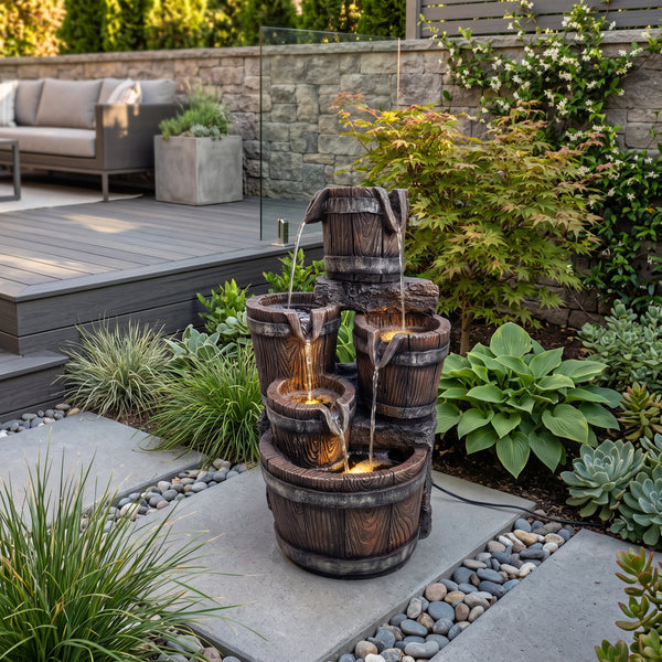 Cascading Wooden Buckets Solar Water Feature with LED Lights and Battery Backup
