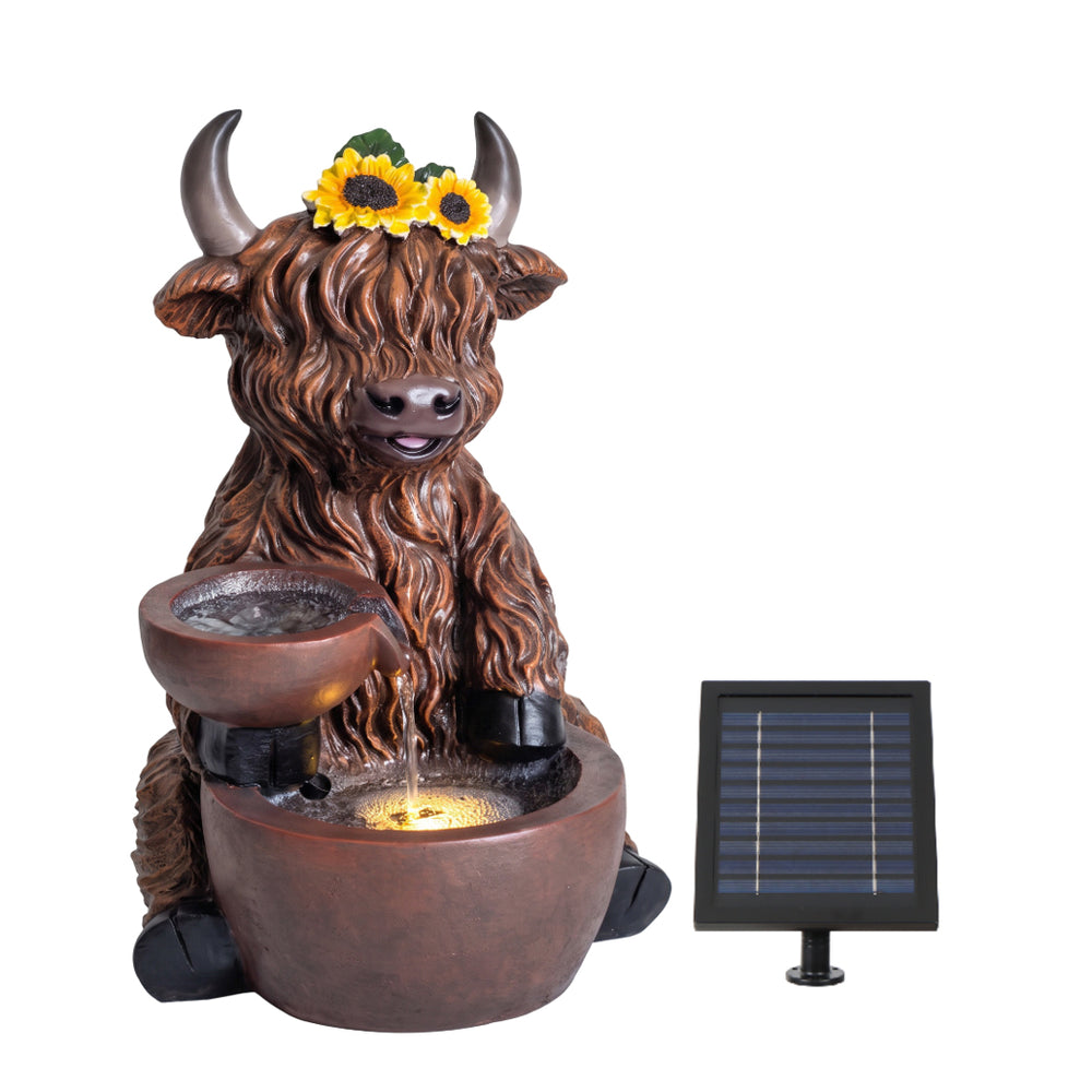 Highland Cattle Solar Water Feature with LED Light and Battery Backup
