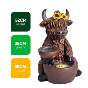 Highland Cattle Solar Water Feature with LED Light and Battery Backup