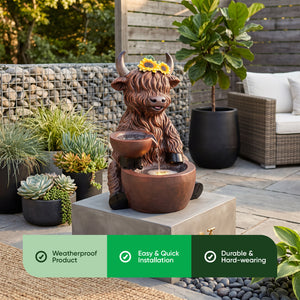 Highland Cattle Solar Water Feature with LED Light and Battery Backup