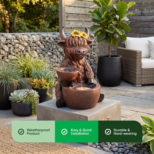 Highland Cattle Solar Water Feature with LED Light and Battery Backup