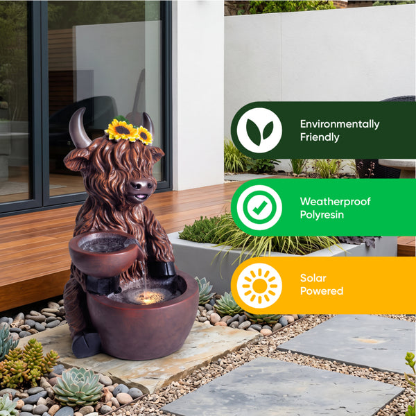 Highland Cattle Solar Water Feature with LED Light and Battery Backup