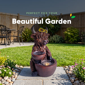Highland Cattle Solar Water Feature with LED Light and Battery Backup