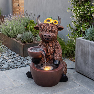 Highland Cattle Solar Water Feature with LED Light and Battery Backup