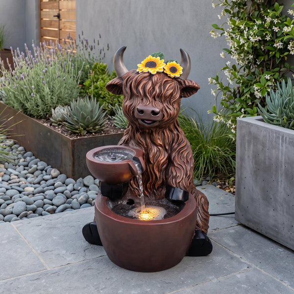 Highland Cattle Solar Water Feature with LED Light and Battery Backup