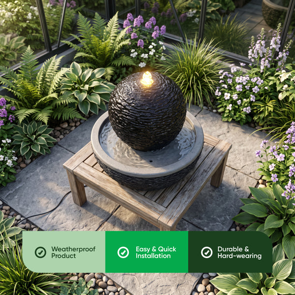 Solar Ball Garden Water Feature with LED Light and Battery Backup
