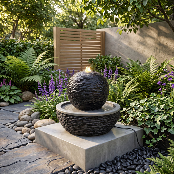 Solar Ball Garden Water Feature with LED Light and Battery Backup