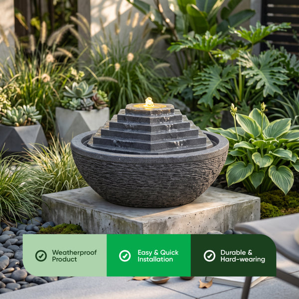 Solar Pyramid Ball Water Feature with LED Light and Battery Backup