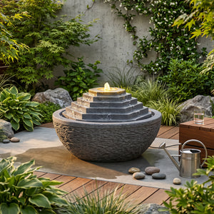 Solar Pyramid Ball Water Feature with LED Light and Battery Backup