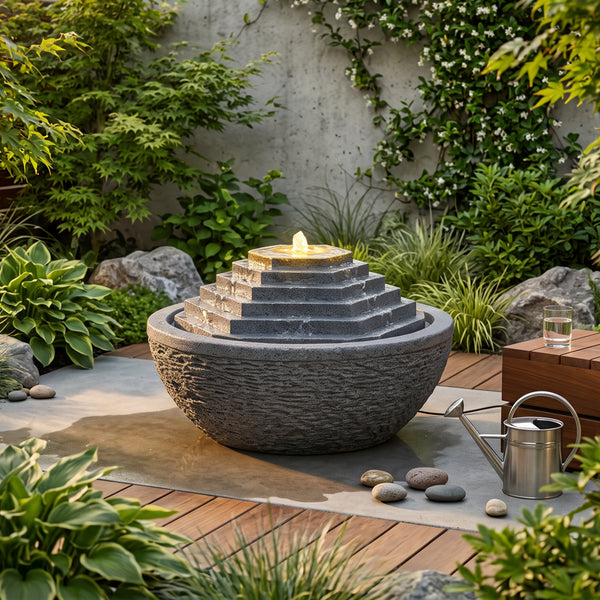 Solar Pyramid Ball Water Feature with LED Light and Battery Backup