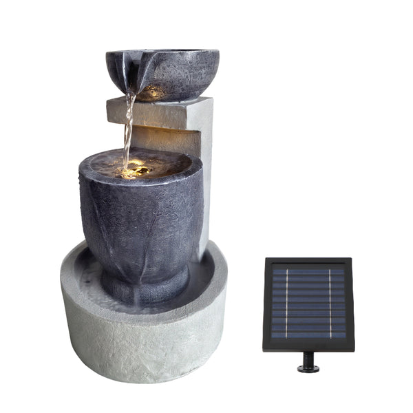 Grey Tiered Solar Water Feature with LED Light and Battery Backup