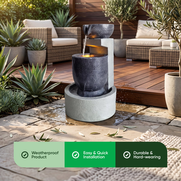 Grey Tiered Solar Water Feature with LED Light and Battery Backup