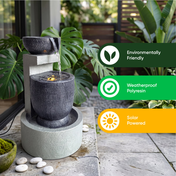 Grey Tiered Solar Water Feature with LED Light and Battery Backup