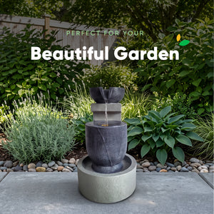 Grey Tiered Solar Water Feature with LED Light and Battery Backup