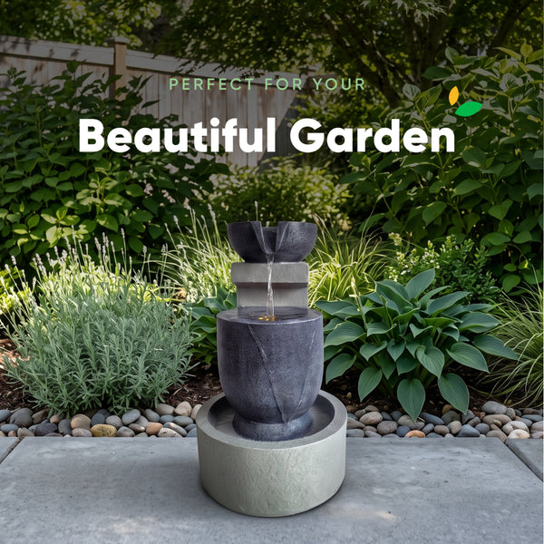 Grey Tiered Solar Water Feature with LED Light and Battery Backup