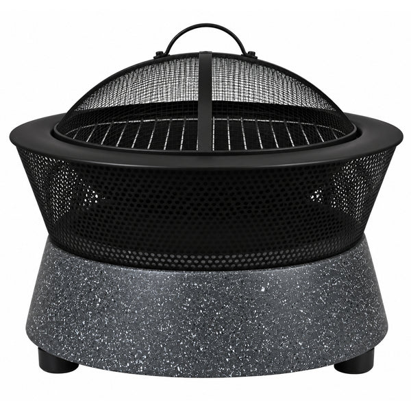 Round BBQ & Fire Pit, MGO Stone Effect Outdoor Garden Fire Bowl with Mesh Spark Guard - 54.5cm