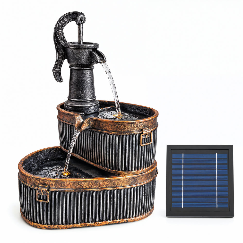 Vintage Pump Solar Water Feature with LED Lights and Battery Backup