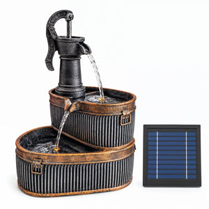 Vintage Pump Solar Water Feature with LED Lights and Battery Backup