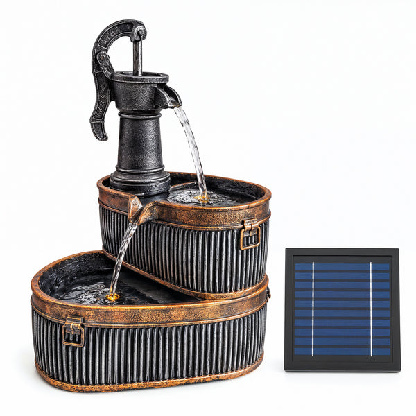 Vintage Pump Solar Water Feature with LED Lights and Battery Backup