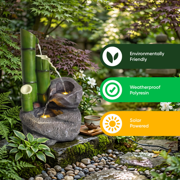 Bamboo & Rock Bowls Solar Water Feature with Battery Backup