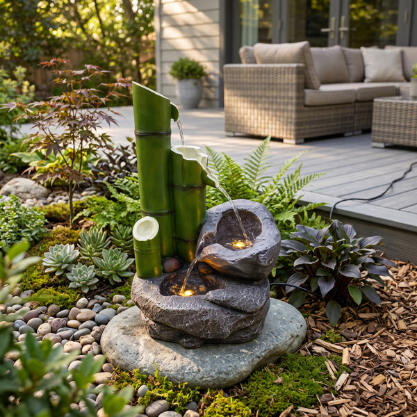 Bamboo & Rock Bowls Solar Water Feature with Battery Backup