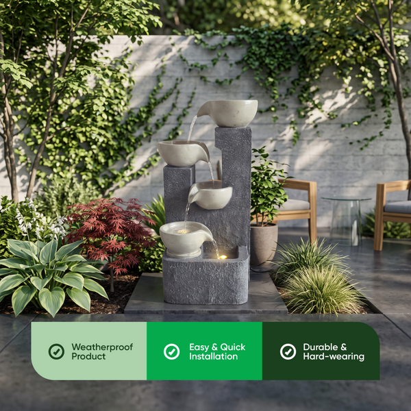 Four Bowl Tiered Solar Water Feature with Battery Backup