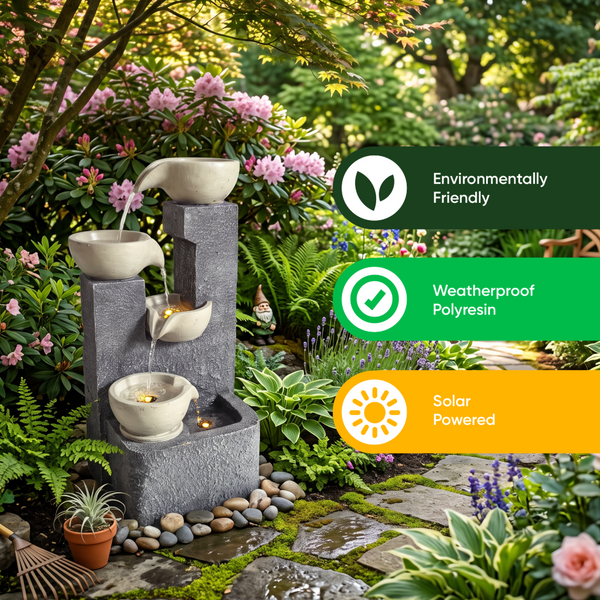 Four Bowl Tiered Solar Water Feature with Battery Backup