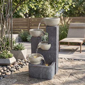 Four Bowl Tiered Solar Water Feature with Battery Backup