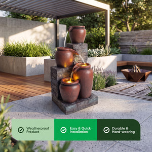 Stacked Terracotta Pots Solar Water Feature with Battery Backup