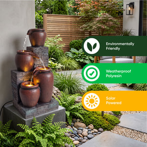 Stacked Terracotta Pots Solar Water Feature with Battery Backup