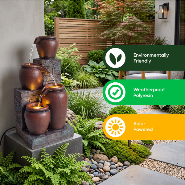 Stacked Terracotta Pots Solar Water Feature with Battery Backup
